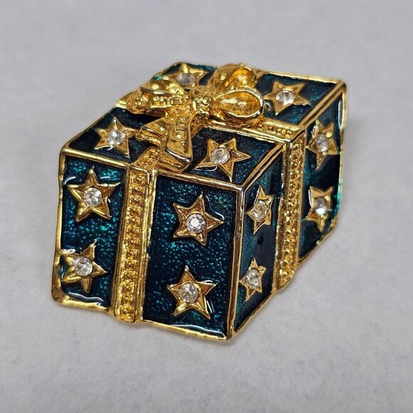 Vintage‎ Gold-Toned Gift Box Brooch With Rhinestones & Enamel Christmas by Avon - Picture 1 of 5